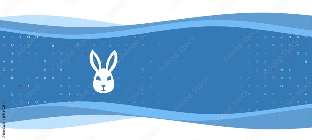 Poster blue wavy banner with a white cute hare head symbol on the left. on the background there are small w