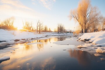 golden hour glow on a partially iced river