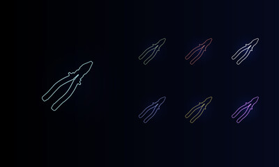 A set of neon pliers symbols. Set of different color symbols, faint neon glow. Vector illustration on black background