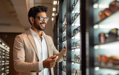 young indian man choosing glasses in optics store