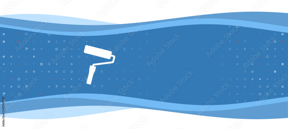 Poster blue wavy banner with a white paint roller symbol on the left. on the background there are small whi