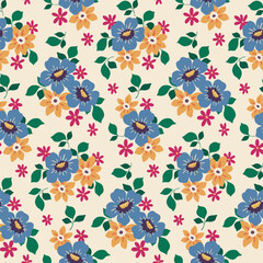 Seamless floral pattern, liberty ditsy print of small flowers in a folk motif. Cute botanical design, ornament: simple hand drawn plants, flowers bouquets, tiny leaves on white. Vector flower pattern.