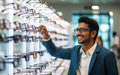 young indian man choosing glasses in optics store