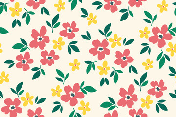 Seamless floral pattern, liberty ditsy print of tiny summer flowers. Simple cute botanical design: small hand drawn flowers, mini leaves in an abstract composition. Vector modern fashion flower print.