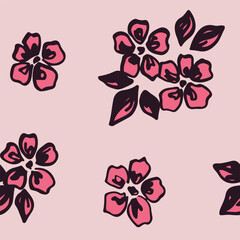 Seamless floral pattern, artistic ditsy print in sketch emo style. Cute surface design with hand drawn botany: simple outline daisy flowers on a pink background. Vector flower pattern.