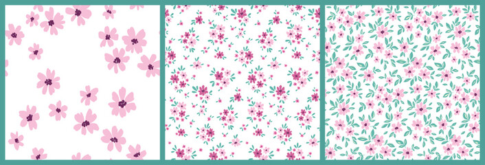 Seamless floral pattern, liberty ditsy print of mini pretty flowers in the collection. Cute botanical design: small hand drawn flora, tiny pink flowers, leaves on white. Vector romantic flower pattern © Yulya i Kot