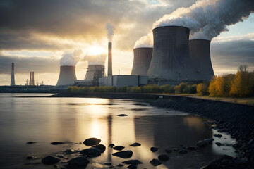 Obraz na płótnie Canvas Power plant with smoking chimneys on a background of blue sky.