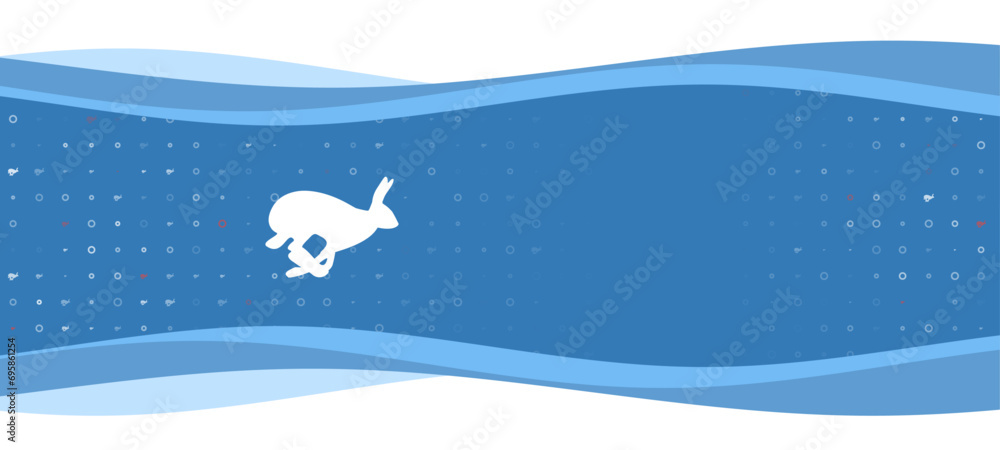 Poster Blue wavy banner with a white hare runs symbol on the left. On the background there are small white shapes, some are highlighted in red. There is an empty space for text on the right side