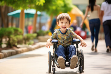 Disabled kid on wheelchair is play and learn in the outdoor park like other people