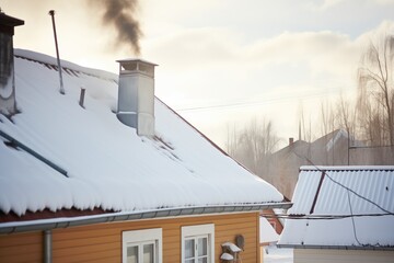 light smoke from a chimney on snow-covered village roof - obrazy, fototapety, plakaty