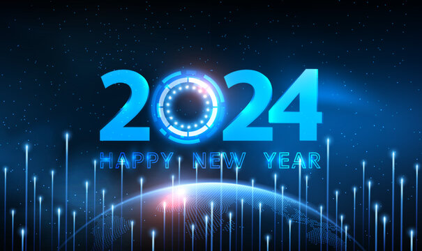 2024 Year digital smart world futuristic technology concept. Blue hologram of the numbers 2024 over the planet earth. 2024 New Year global connection business digital web banner. Tech Vector EPS10.