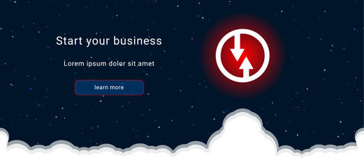 Business startup concept Landing page screen. The white advantage of oncoming traffic sign on the right. Vector illustration on dark blue background with stars and curly clouds from below