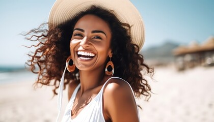 Happy beautiful young woman smiling at the beach side, Delightful girl enjoying sunny day out , Healthy lifestyle with female laughing outside