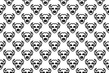 Seamless pattern completely filled with outlines of buffalo head symbols. Elements are evenly spaced. Vector illustration on white background