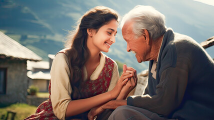Sunlit embrace: Caucasian granddaughter, grandfather express love in a serene countryside.