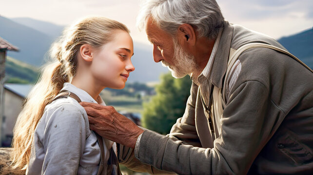 Sunny rural portrait: granddaughter, grandfather embrace.