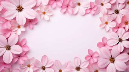 Fototapeta na wymiar Round pink pale flowers composition with petals on white desktop background, flat lay, top view. Creative floral layout or greeting card for Mothers day, wedding , happy event or birthday.