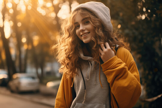 Beautiful girl holding a camera on street