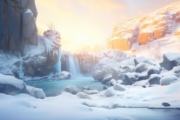 glistening frozen waterfall at dawn