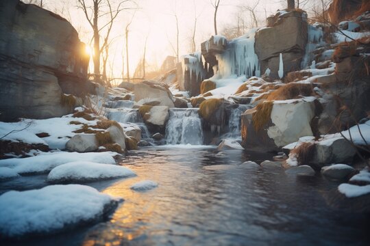 glistening frozen waterfall at dawn