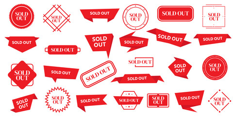 Sold out badges set. Sale stickers set. Sold out banners, labels, stamps, and signs isolated on white background