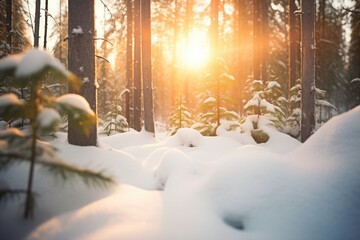 sunlight filtering through a snowy pine forest