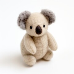 image of a handmade fabric koala toy, artfully displayed on a white surface, highlighting its gentle expression and fuzzy texture