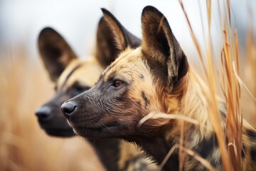 close-up of wild dog pair with intense, concentrated stares