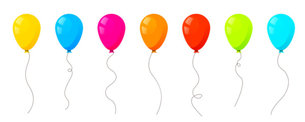 Balloons flying up. Air baloons groups, festive decorations floating. Baloons bunches, bundles. Festive decorations floating, soaring. Helium ballons decor on strings. © Viktoriia
