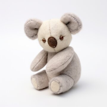 image of a handmade fabric koala toy, artfully displayed on a white surface, highlighting its gentle expression and fuzzy texture