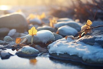 brook stones with frosted edges in morning light