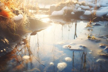sunlight reflecting on the ice in a brook - obrazy, fototapety, plakaty