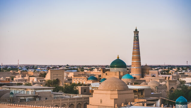 Panoramic view of the old ancient city of Fort Khiva in Khorezm, mosque and mausoleum in the city