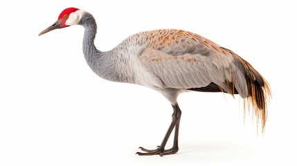 Sandhill crane bird - Grus canadensis - close-up standing profile view showing orange eye, red head cap, great grey feather detail isolated cutout on white background