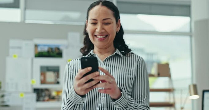 Woman, smile and walking with phone in office for social network, mobile chat and business contact. Happy employee scroll on smartphone, reading notification and search news on digital app in agency