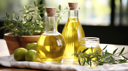Vegetable oil in glass transparent bottles. Organic olive oil on a white wooden table.