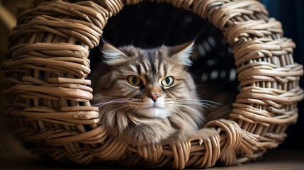 Obraz premium Scottish folded cat lying in the rattan bed tunnel.