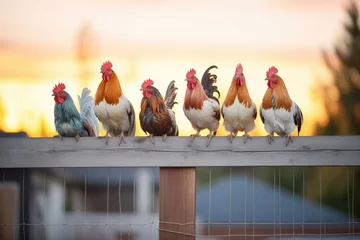 Fotobehang group of chickens perched on fence at sunset © primopiano