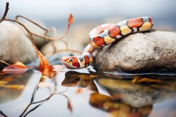 corn snake climbing over smooth river rocks - obrazy, fototapety, plakaty