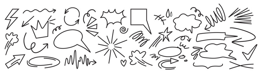 Charcoal pen liner doodle elements, crown, emphasis arrow, speech bubble, scribble. Handdrawn cute cartoon pencil sketches of decorative icons. Vector illustration - obrazy, fototapety, plakaty