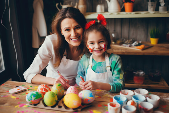 Mother and daughter posing for a shot while decorating Easter eggs at home