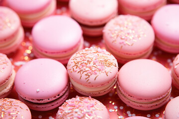 Fototapeta premium Set of pink macaroon cookies. Tasty almond cookies, french sweet delicacy. Close-up.