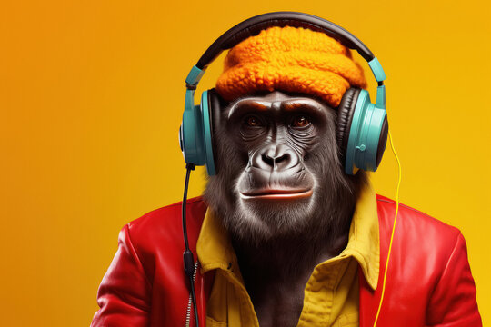 monkey or gorilla wearing headphone on yellow background.