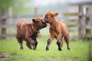 young calves playing and butting heads - obrazy, fototapety, plakaty