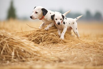 dalmatian puppies romping near haystacks - obrazy, fototapety, plakaty