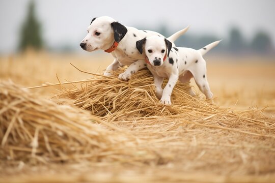 dalmatian puppies romping near haystacks