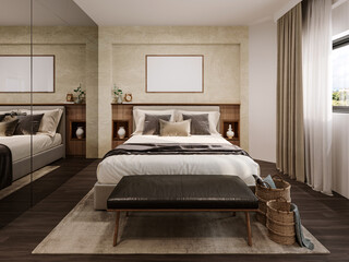 Mock up poster frame in modern interior background, bedroom, Scandinavian style, 3D render, 3D illustration