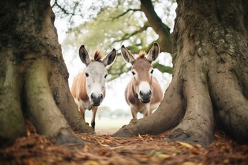 two donkeys beneath an oak tree
