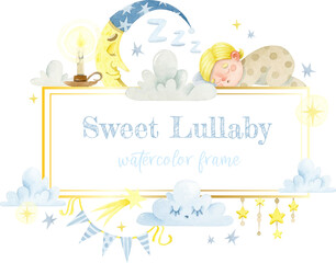 Watercolor frame with yellow crescents, clouds, stars and sleeping baby - obrazy, fototapety, plakaty