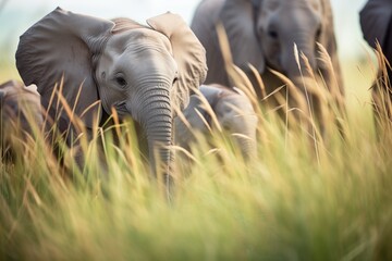 herd of elephants encircling a calf in savannah grass - obrazy, fototapety, plakaty